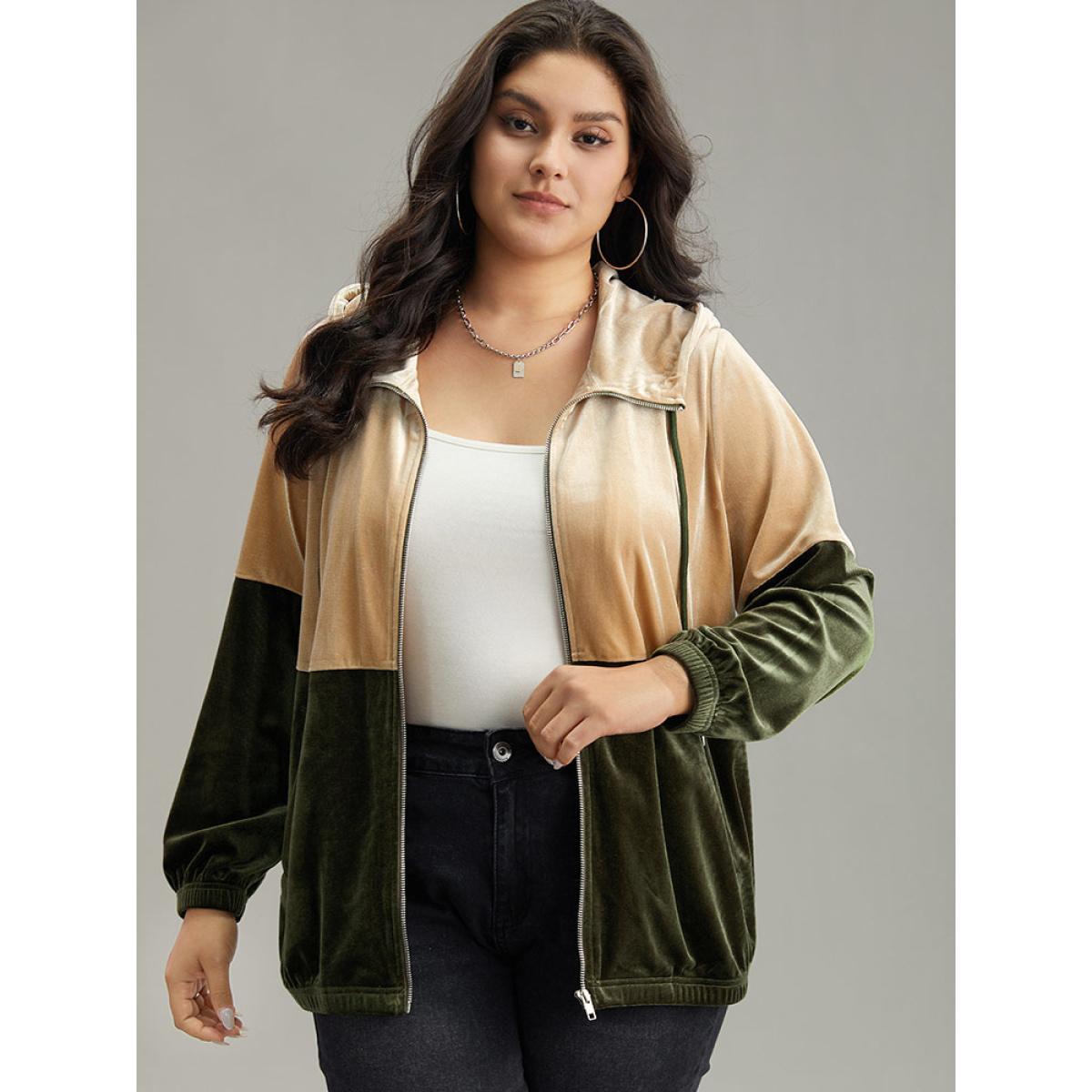Plus Size Velvet Contrast Hooded Slant Pocket Jacket Women ArmyGreen Velvet Pocket Dailywear Jackets BloomChic 14-16/1X Product Image