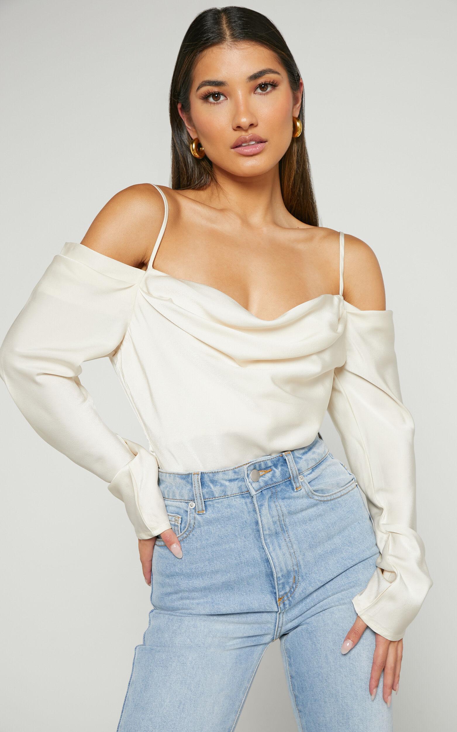 Julian Top - Off Shoulder Long Sleeve Cowl Neck Top in Ivory Product Image