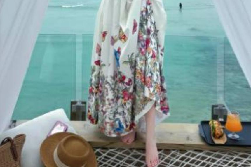 Set: Sleeveless Square Neck Floral Butterfly Print Maxi A-Line Dress + Belt Product Image