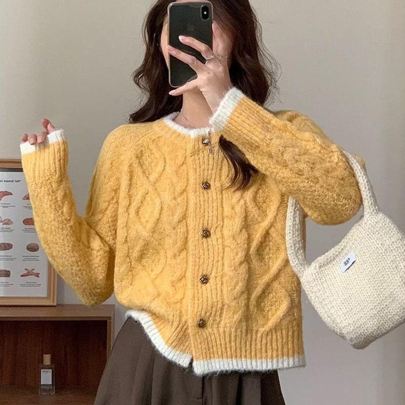 Round Neck Contrast Trim Cable Knit Cardigan Product Image