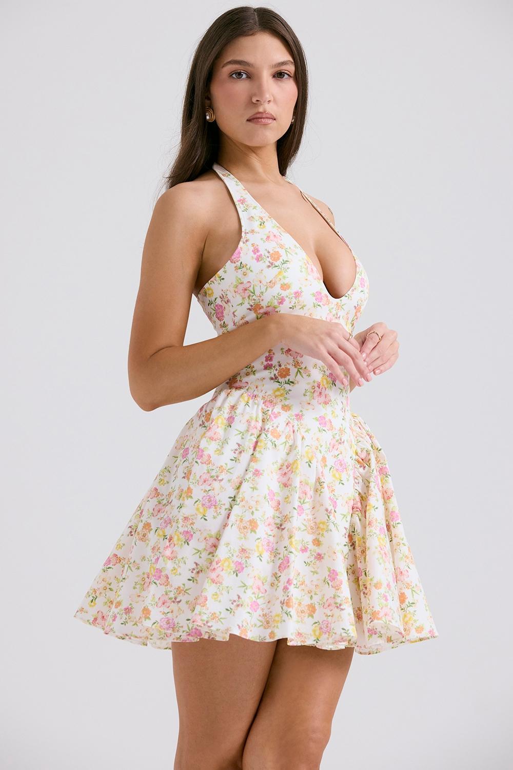 Valentia Ivory Meadow Print Cotton Halter Mini Dress Product Image
