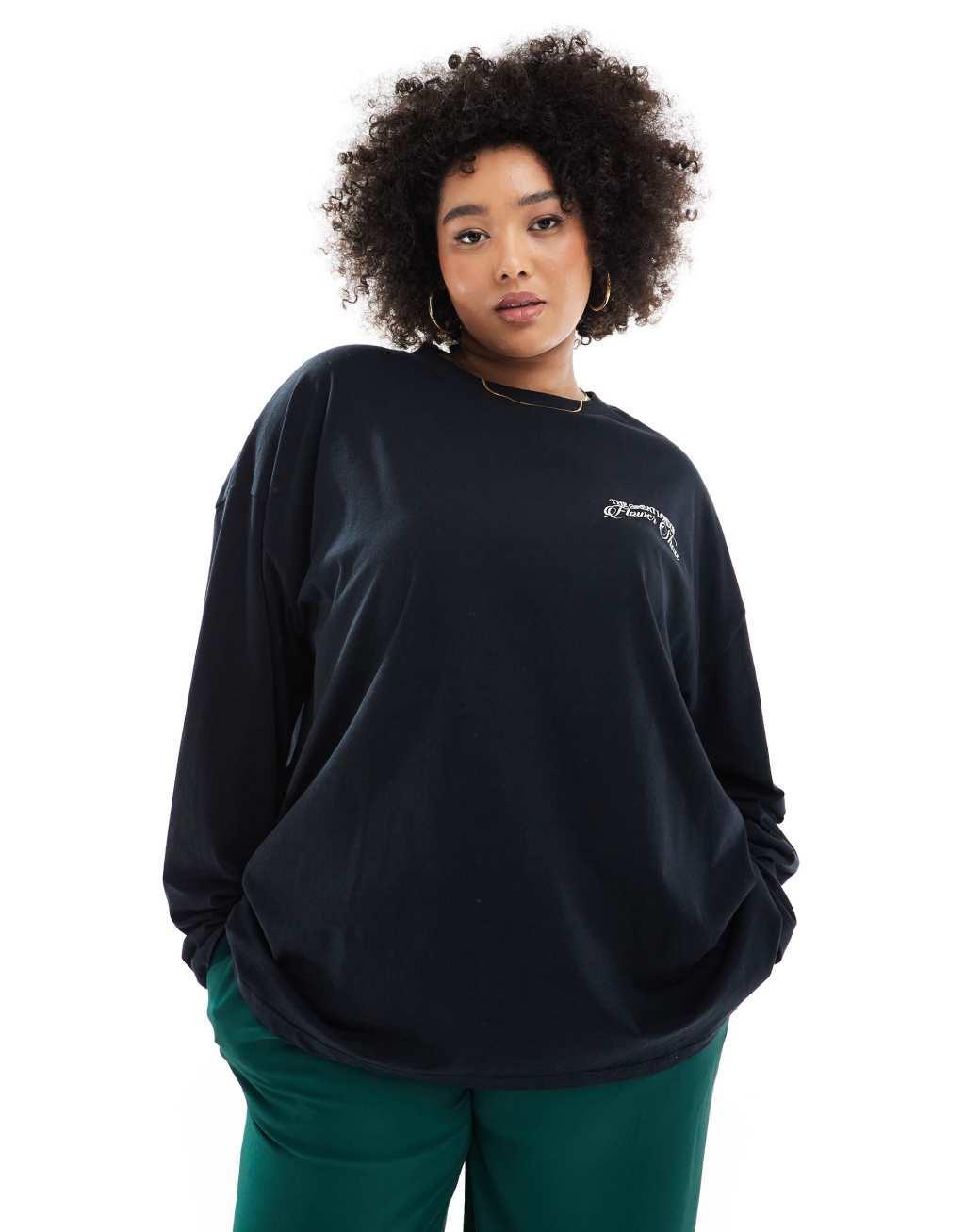 ASOS DESIGN Curve long sleeve skater with flower back graphic in black Product Image