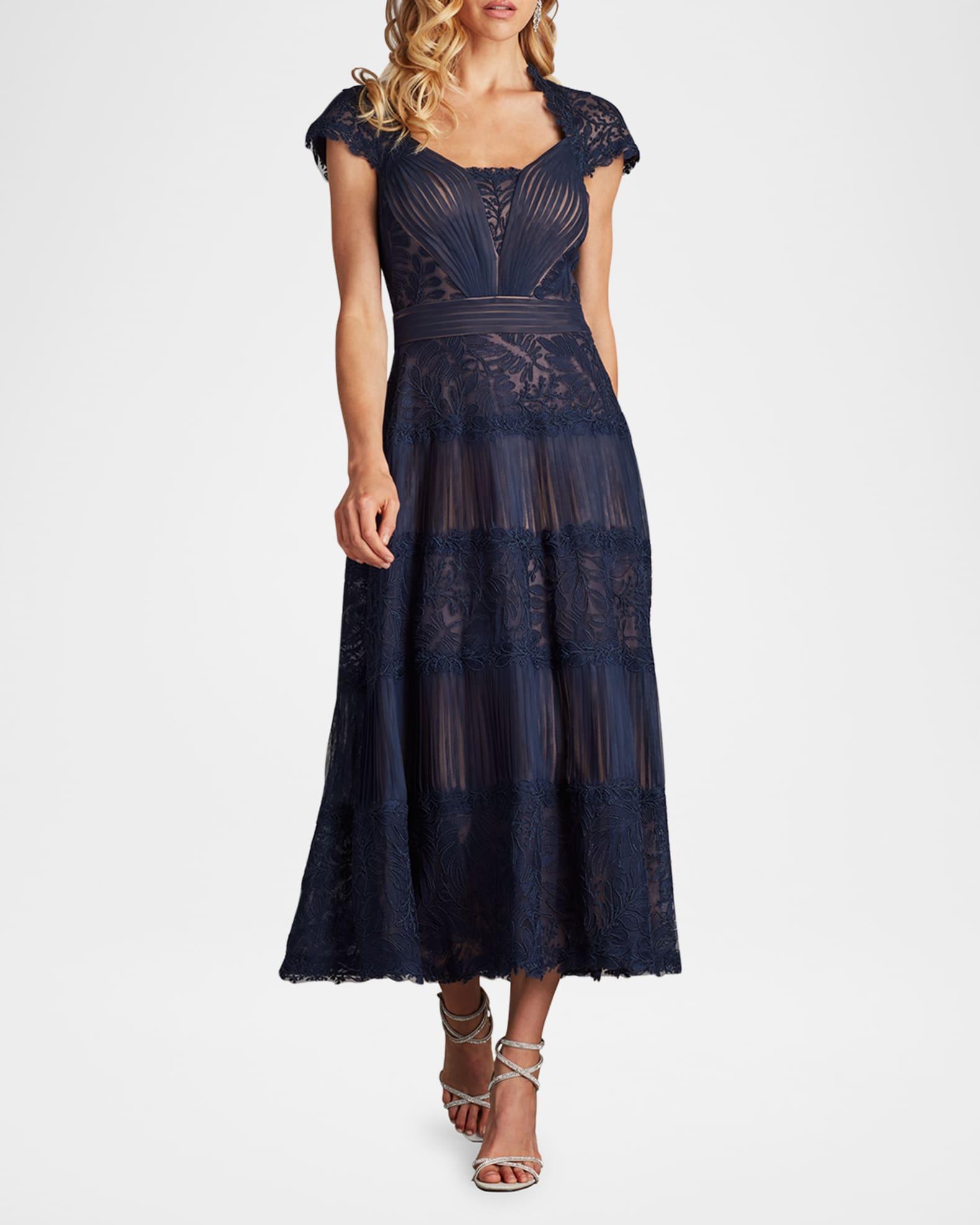 Pleated Mesh & Textured Lace Midi Dress Product Image