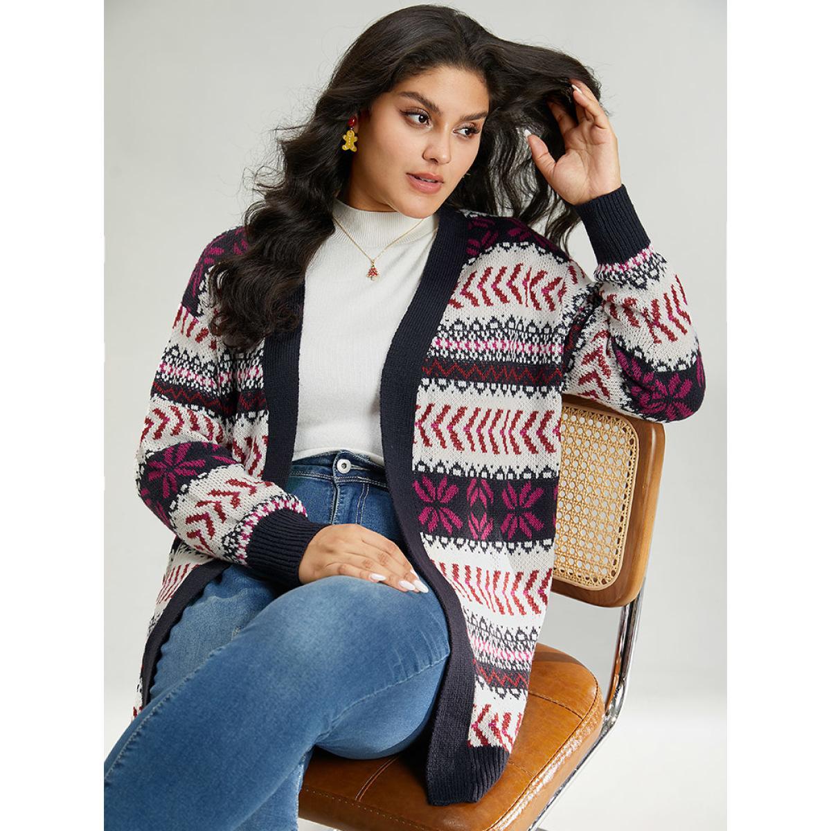 Plus Size Geo Print Open Front Patchwork Cardigan Multicolor Women Casual Loose Long Sleeve Festival-Christmas Cardigans BloomChic 22-24/3X Product Image