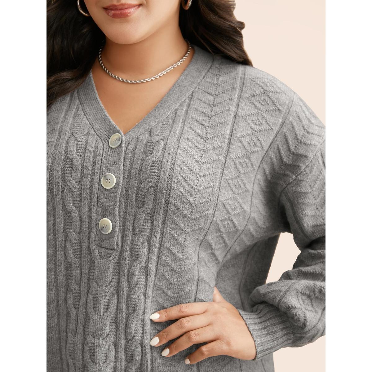 Plus Size Supersoft Essentials Cable Knit Button Up Pullover Mediumgray Women Casual Loose Long Sleeve V-neck Everyday Pullovers BloomChic 10/M Product Image