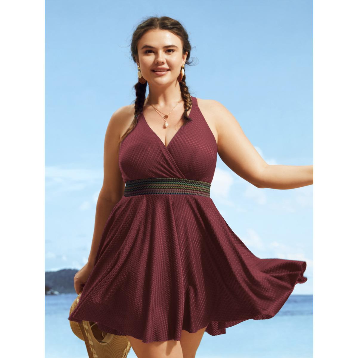 Plus Size Overlap Collar Textured Gathered Pocket Swim Dress Women's Swimwear Deepred Beach Bodycon Overlap Collar High stretch Curve Swim Dresses BloomChic 18-20/2X Product Image