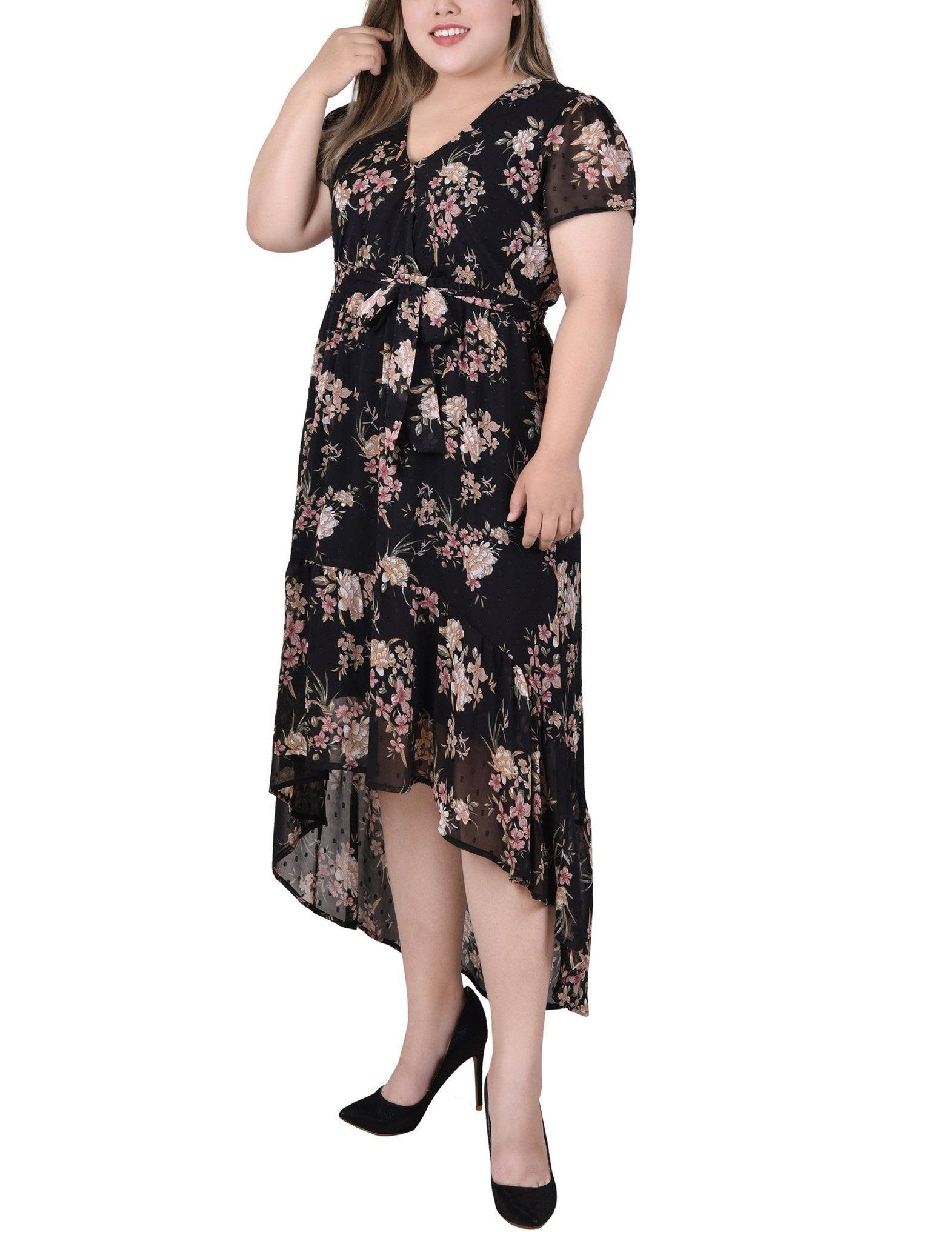 Black Mauve Floral Short Sleeve Hankerchief Hem Chiffon Dress - Plus Product Image