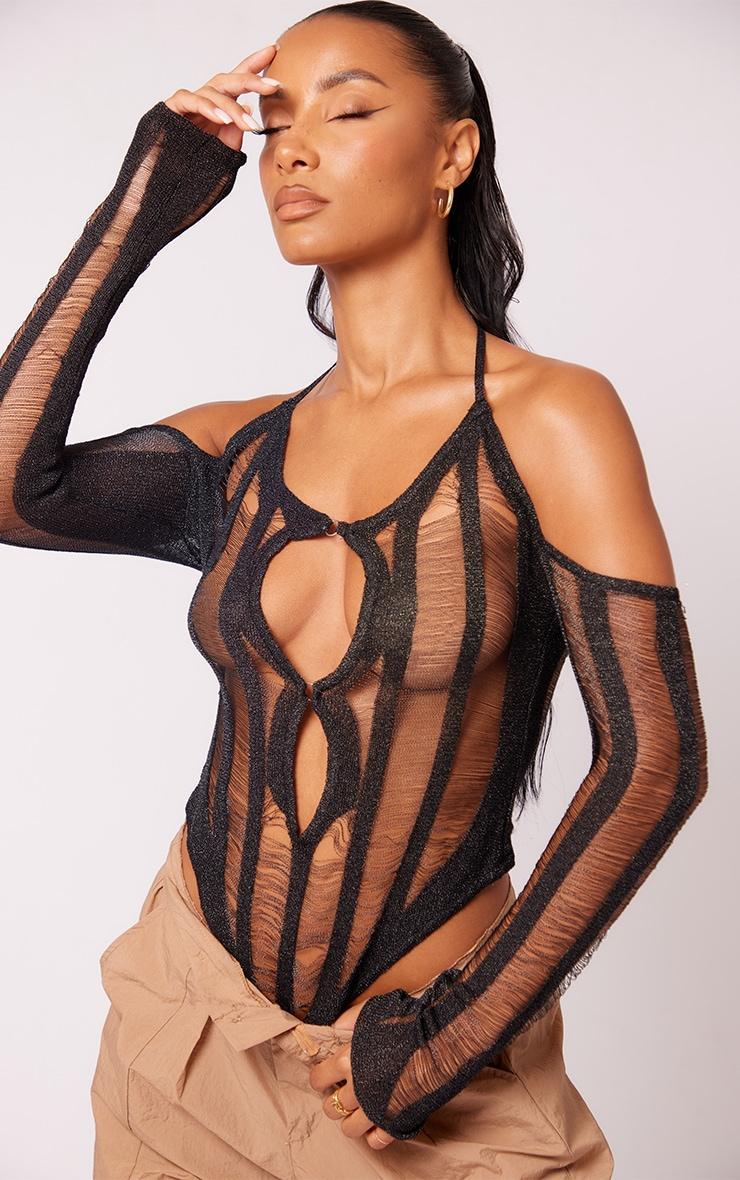 Black Laddering Knit Ring Detail Bodysuit Product Image