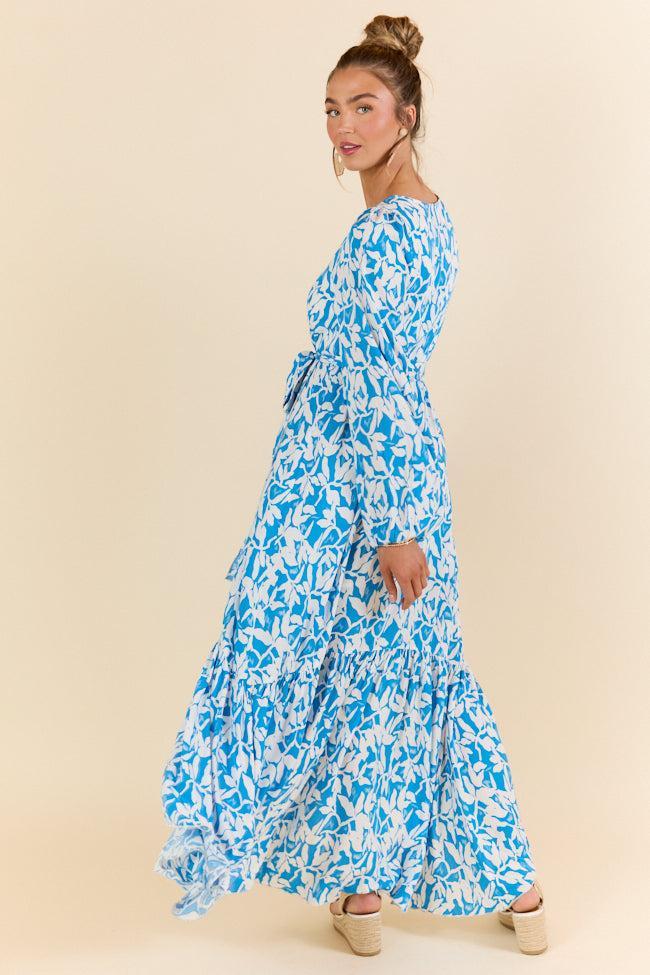 Palmetto Paradise Blue and White Long Sleeve Maxi Dress SALE Product Image