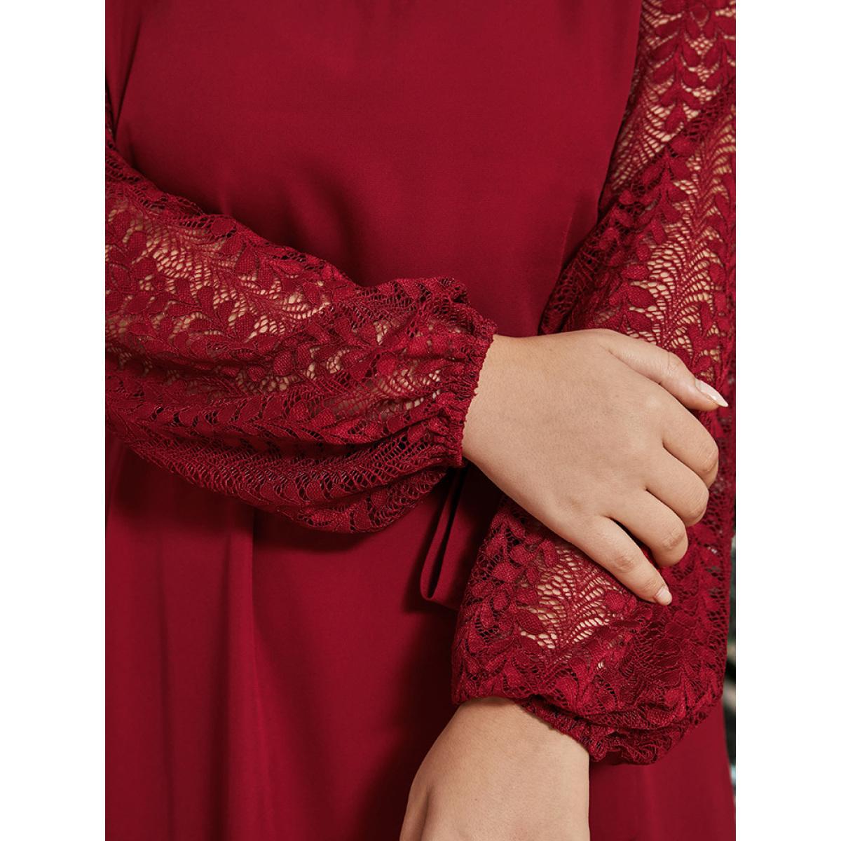 Plus Size Solid Lantern Sleeve Pocket Belted Contrast Lace Dress Burgundy Women Elegant Belted Round Neck Long Sleeve Curvy Midi Dress BloomChic 12/L Product Image