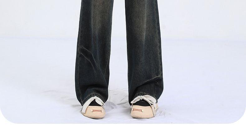 High Waist Washed Straight Leg Jeans Product Image