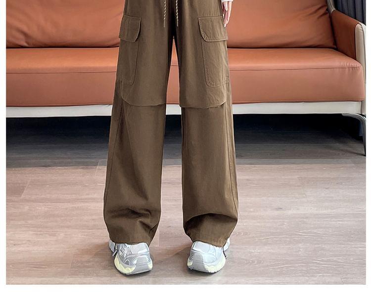 Drawstring Waist Plain Wide Leg Cargo Pants Product Image