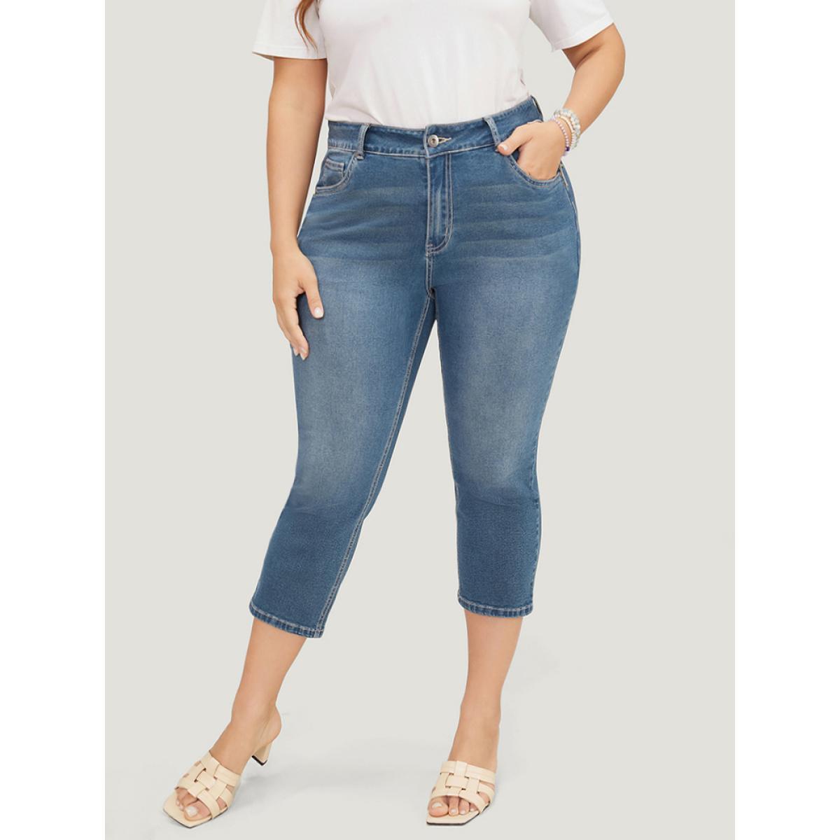 Plus Size Skinny Very Stretchy High Rise Medium Wash Cropped Jeans Women Indigo Casual Plain High stretch Side seam pocket Jeans BloomChic 10/M Product Image