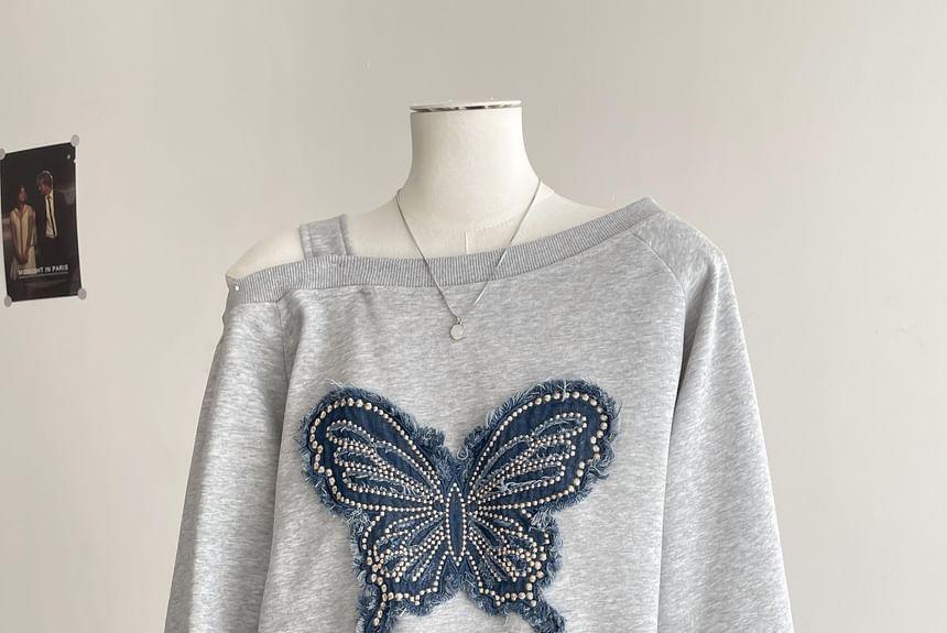 One Shoulder Butterfly Applique Pullover Product Image