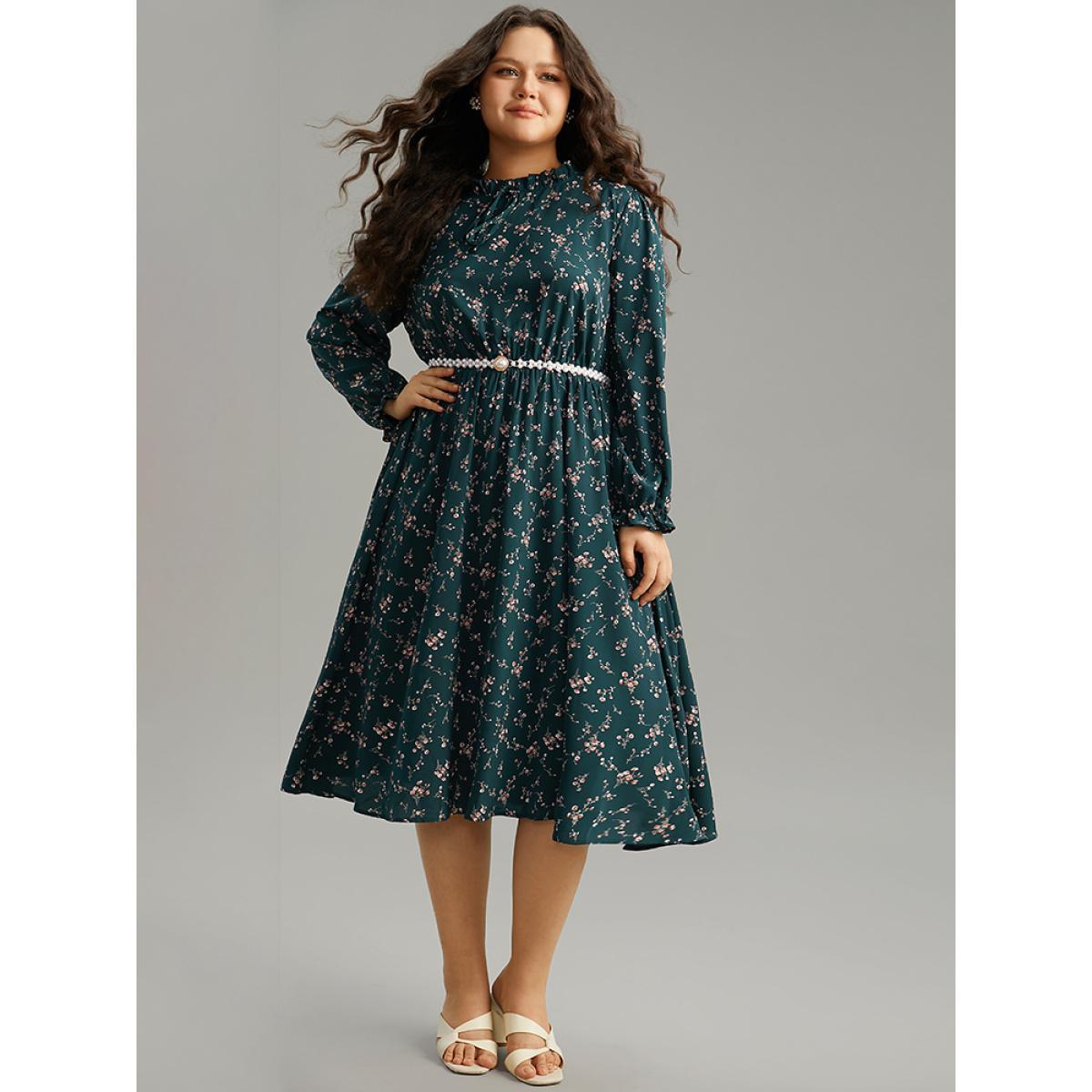 Plus Size Ditsy Floral Pocket Mock Neck Dress DarkGreen Women Elegant Cross straps Mock Neck Long Sleeve Curvy Midi Dress BloomChic 12/L Product Image
