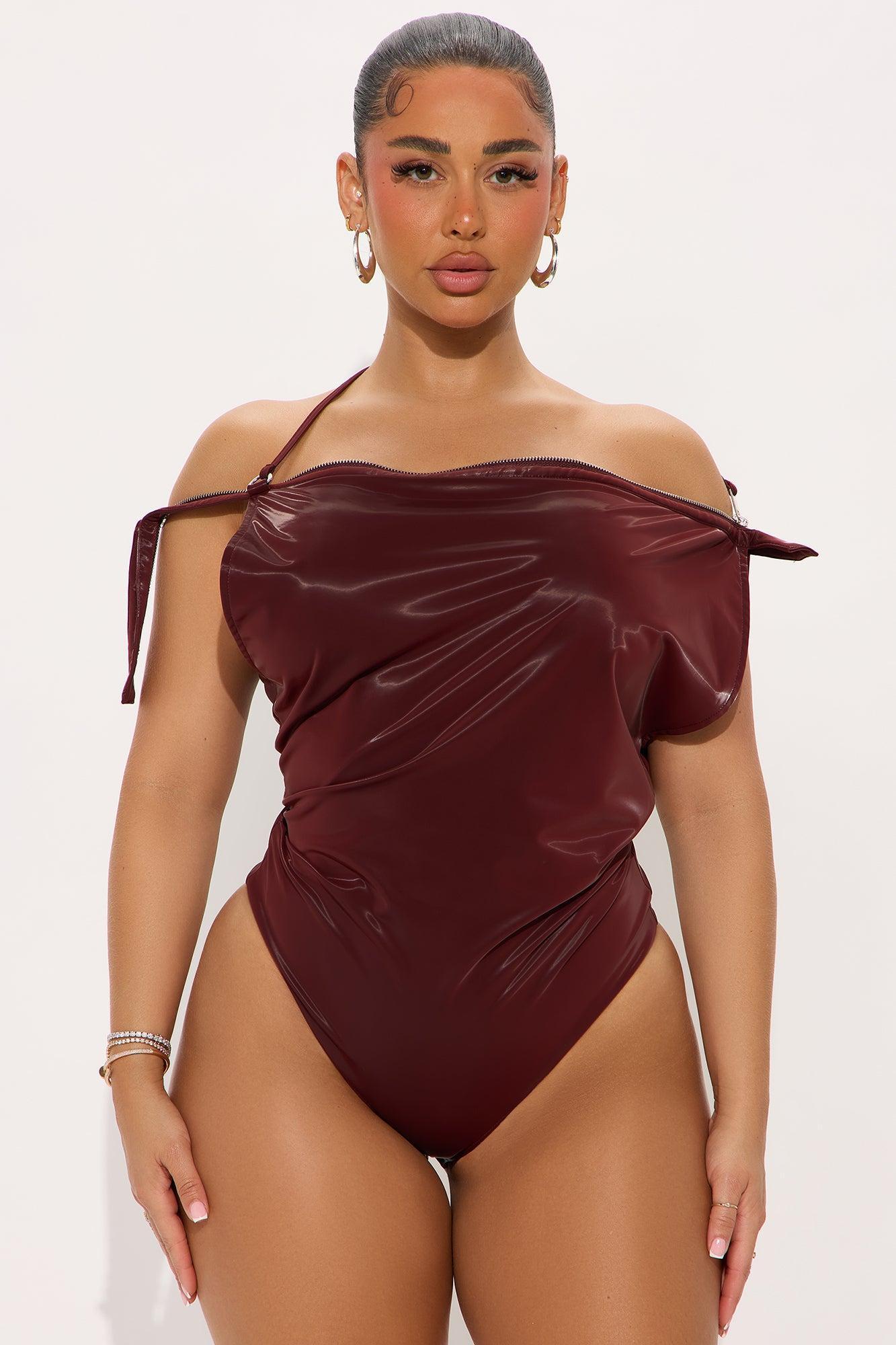 Unzip Me Faux Leather Bodysuit - Burgundy Product Image