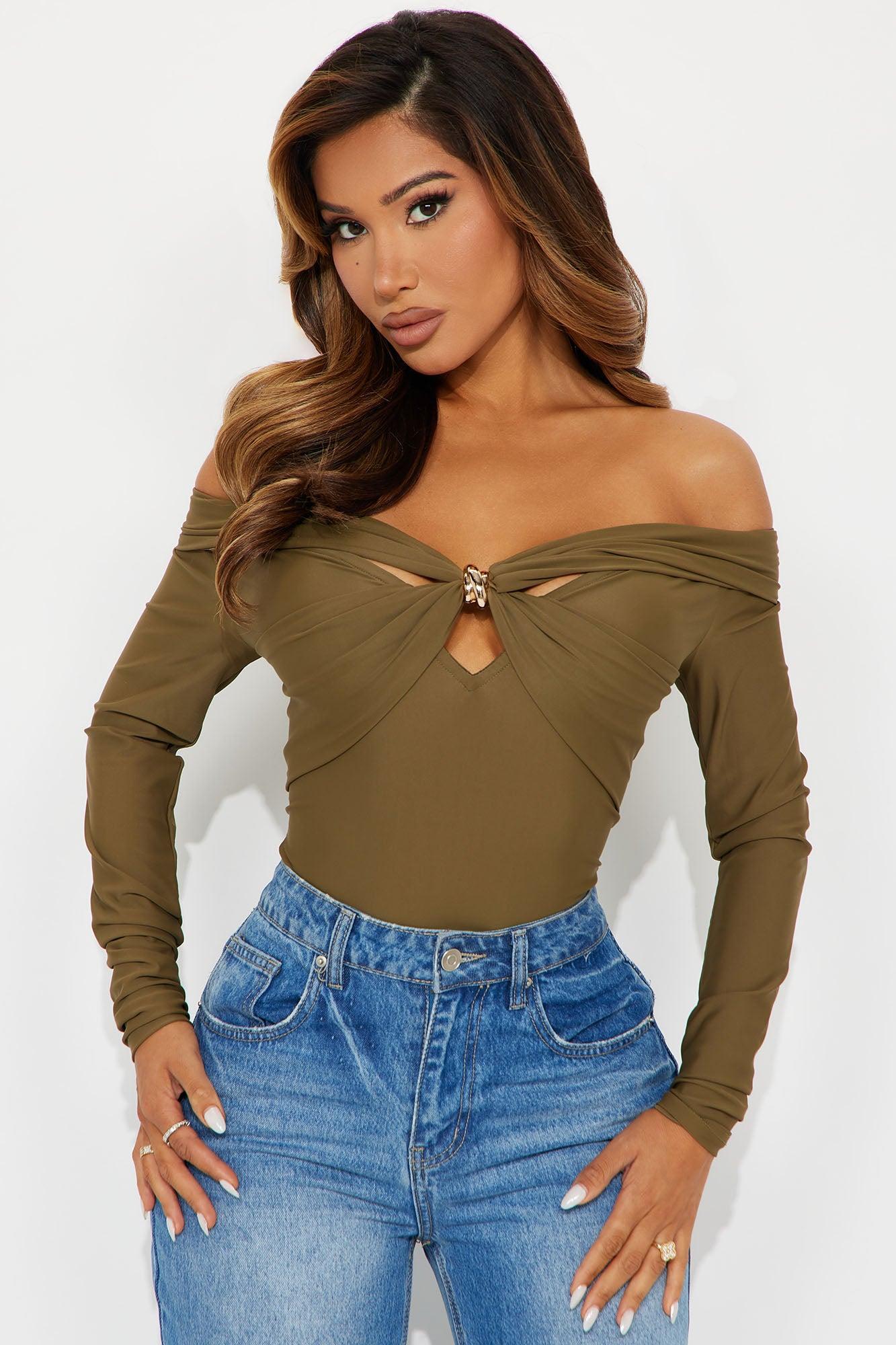 Sylvie Long Sleeve Off Shoulder Bodysuit - Olive Product Image