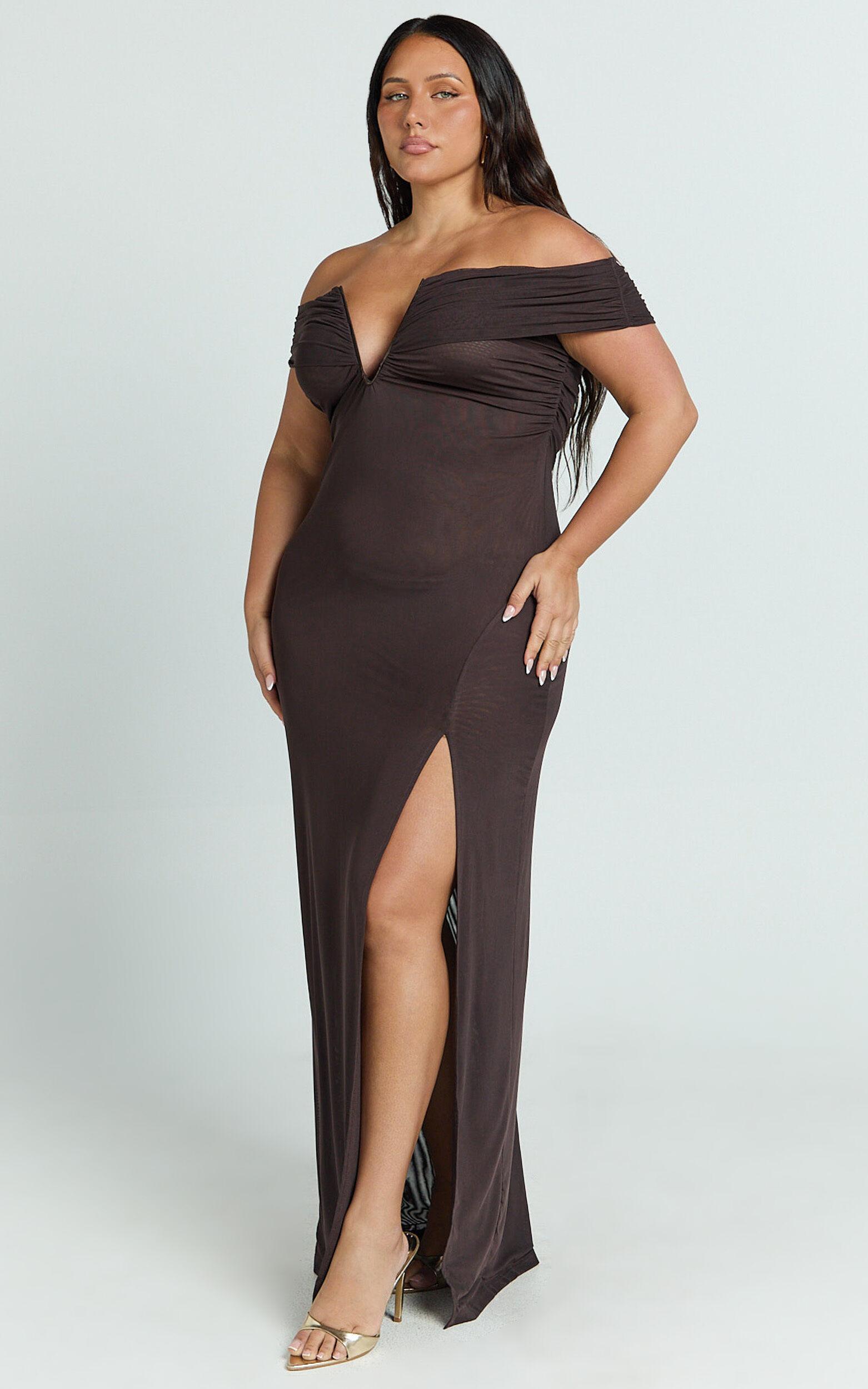 Alessia Maxi Dress - Off Shoulder Ruched Bodycon Dress in Chocolate Product Image