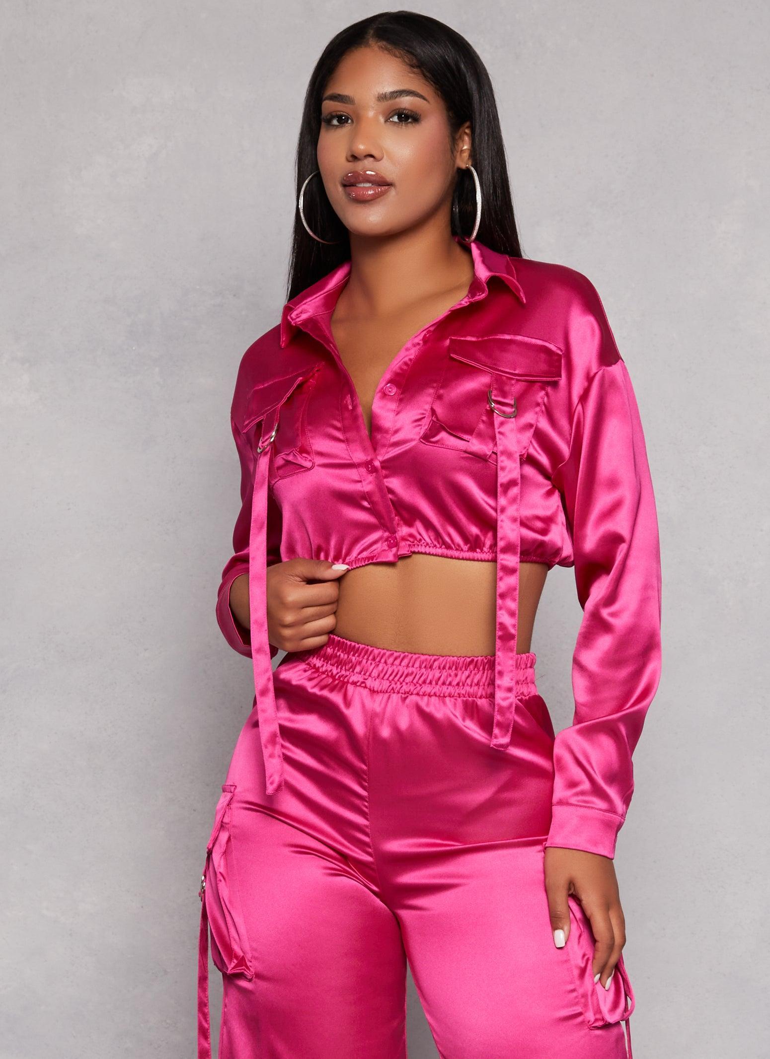 Womens Satin Tabbed Cargo Pocket Crop Top Product Image