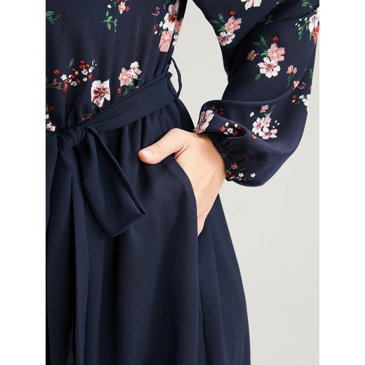 Plus Size Floral Print Wrap Pocket Belted Split Dress DarkBlue Women Elegant Elastic Waist V-neck Long Sleeve Curvy Midi Dress BloomChic 10/M Product Image