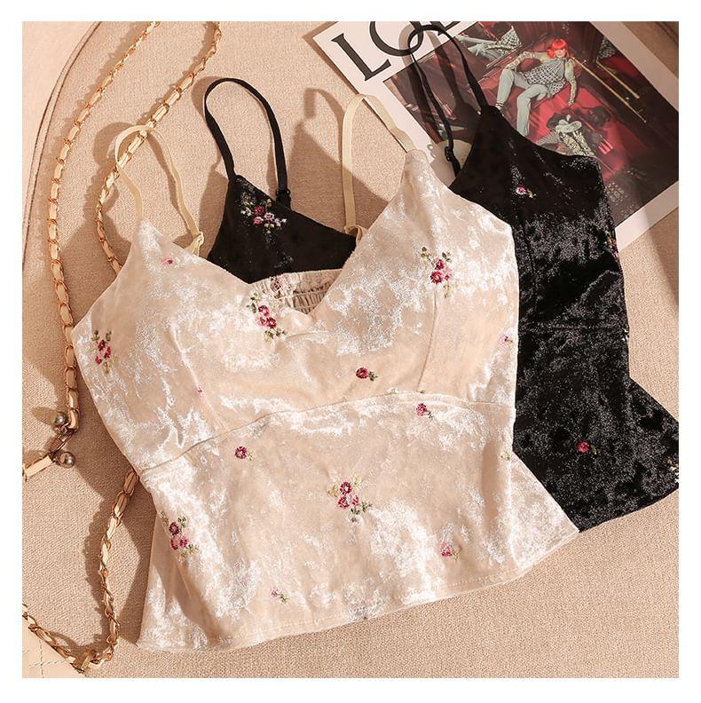 V-Neck Velvet Floral Embroidery Crop Camisole Top Product Image
