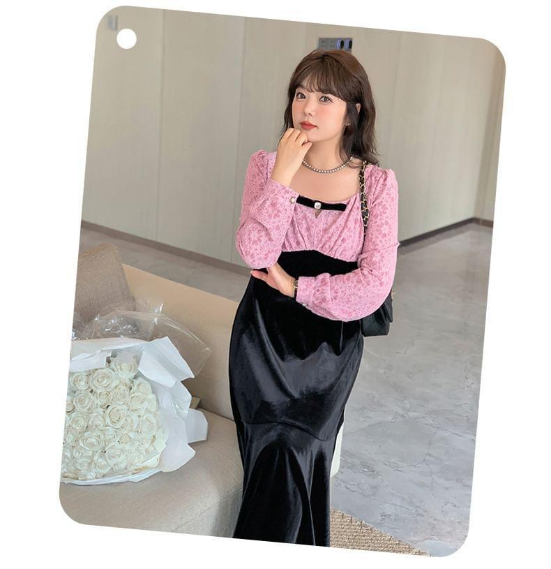 Plus Size Long Sleeve Square Neck Floral Two Tone Midi A-Line Dress Product Image