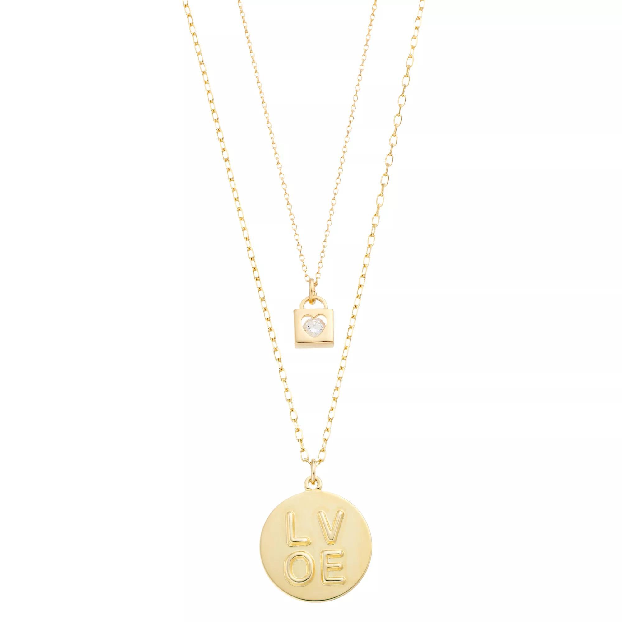 City Luxe 14k Gold-Plated Cubic Zirconia Padlock & "Love" Duo Pendant Necklace Set, Women's, Gold Tone Clear Product Image