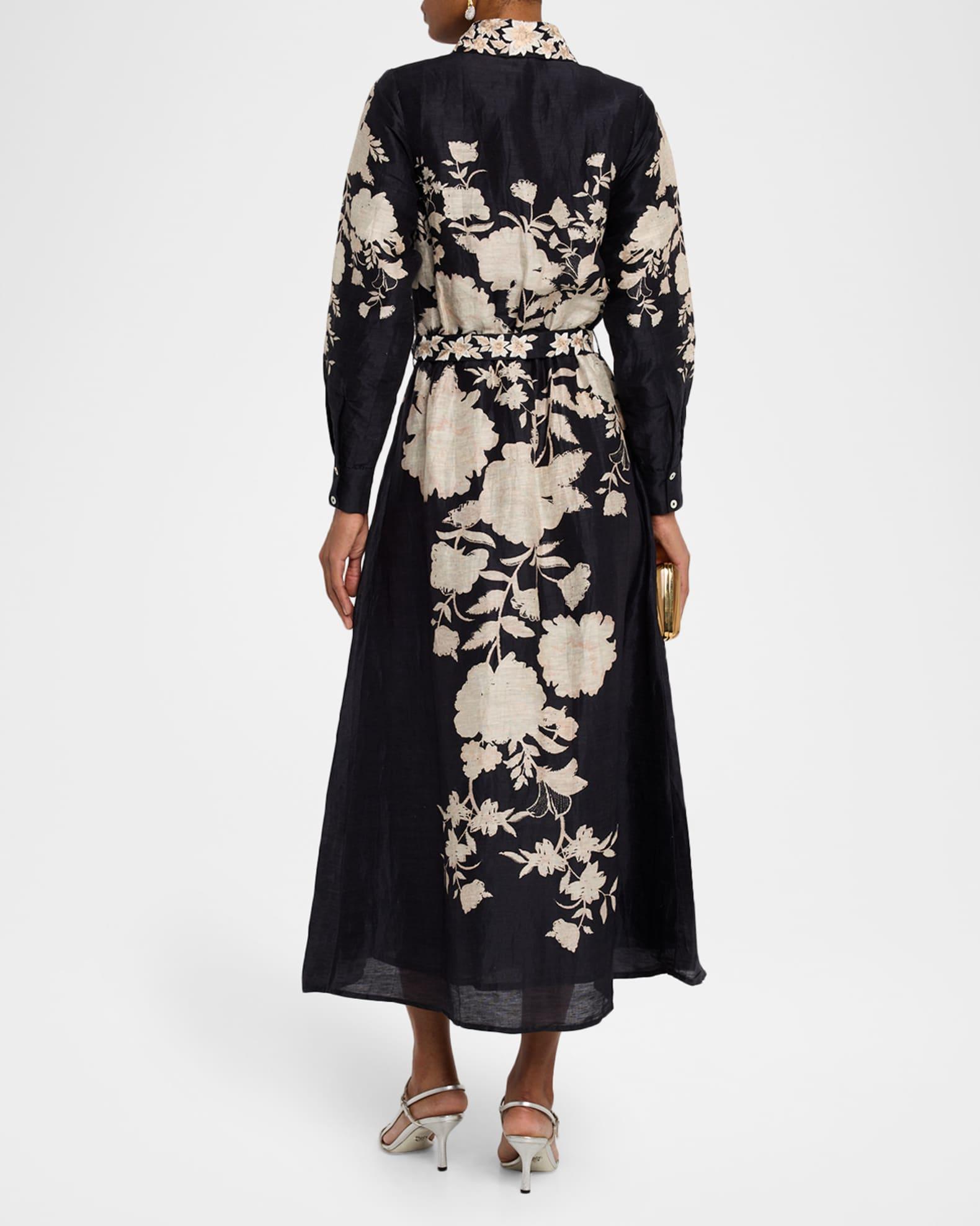 Embellished Floral Silk-Linen Organza Midi Shirtdress With Belt Product Image