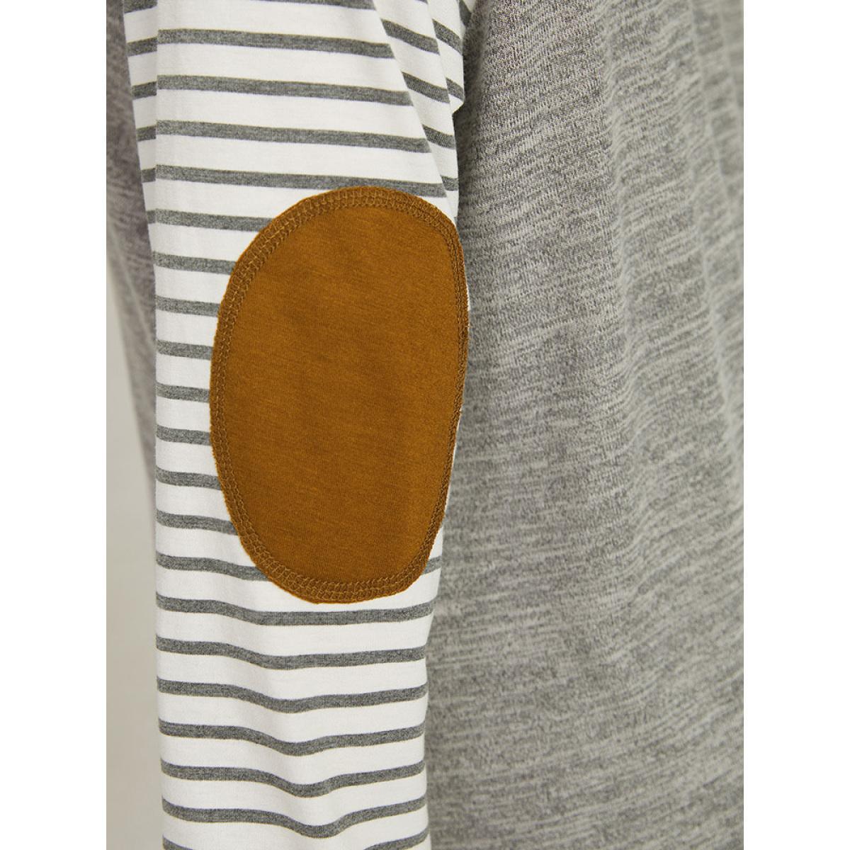 Plus Size Striped Raglan Sleeve Patched Split Side T-shirt Gray Women Casual Contrast Striped Round Neck Dailywear T-shirts BloomChic 28/5X Product Image