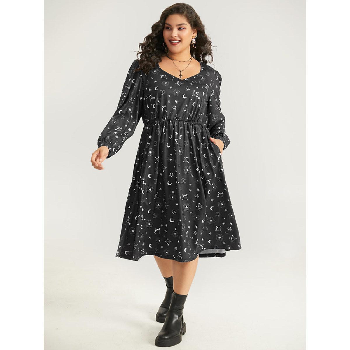 Plus Size Halloween Moon & Star Print Elastic Waist Lantern Sleeve Dress Black Women Casual Elastic cuffs Square Neck Long Sleeve Curvy Midi Dress BloomChic 18-20/2X Product Image