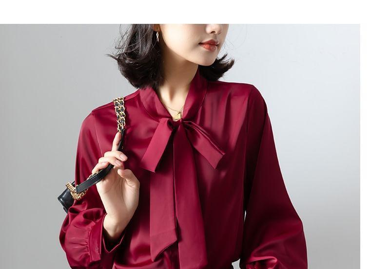 Long-Sleeve Tie-Neck Plain Button-Up Blouse Product Image