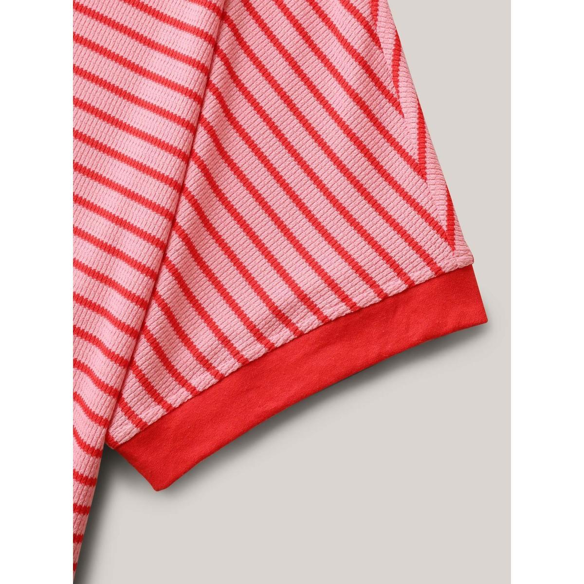 Plus Size Romantic Stripes Contrast T-Shirt Blush Women Gathered Round Neck Loose Everyday-Casual T-shirts BloomChic 10/M Product Image