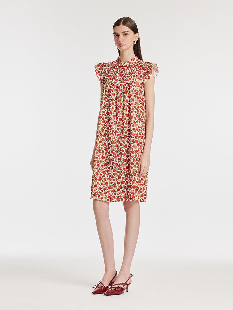 Rose Print Ruffle Sleeves Mandarin Collared Women Mini Dress Product Image