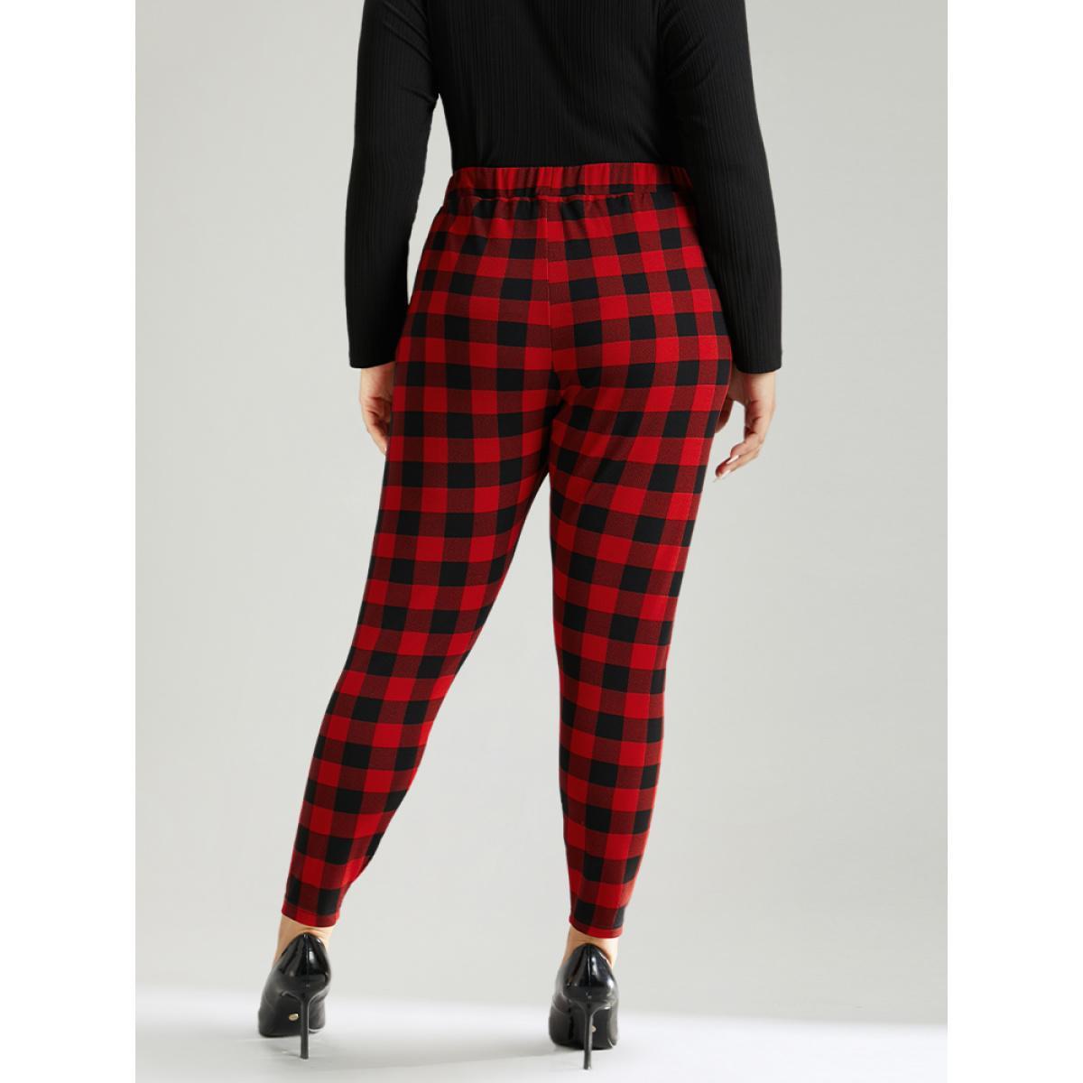 Plus Size Plaid Elastic Waist High Rise Skinny Leggings Women Raspberry Elegant High stretch Skinny High Rise Festival-Christmas Leggings BloomChic 10/M Product Image