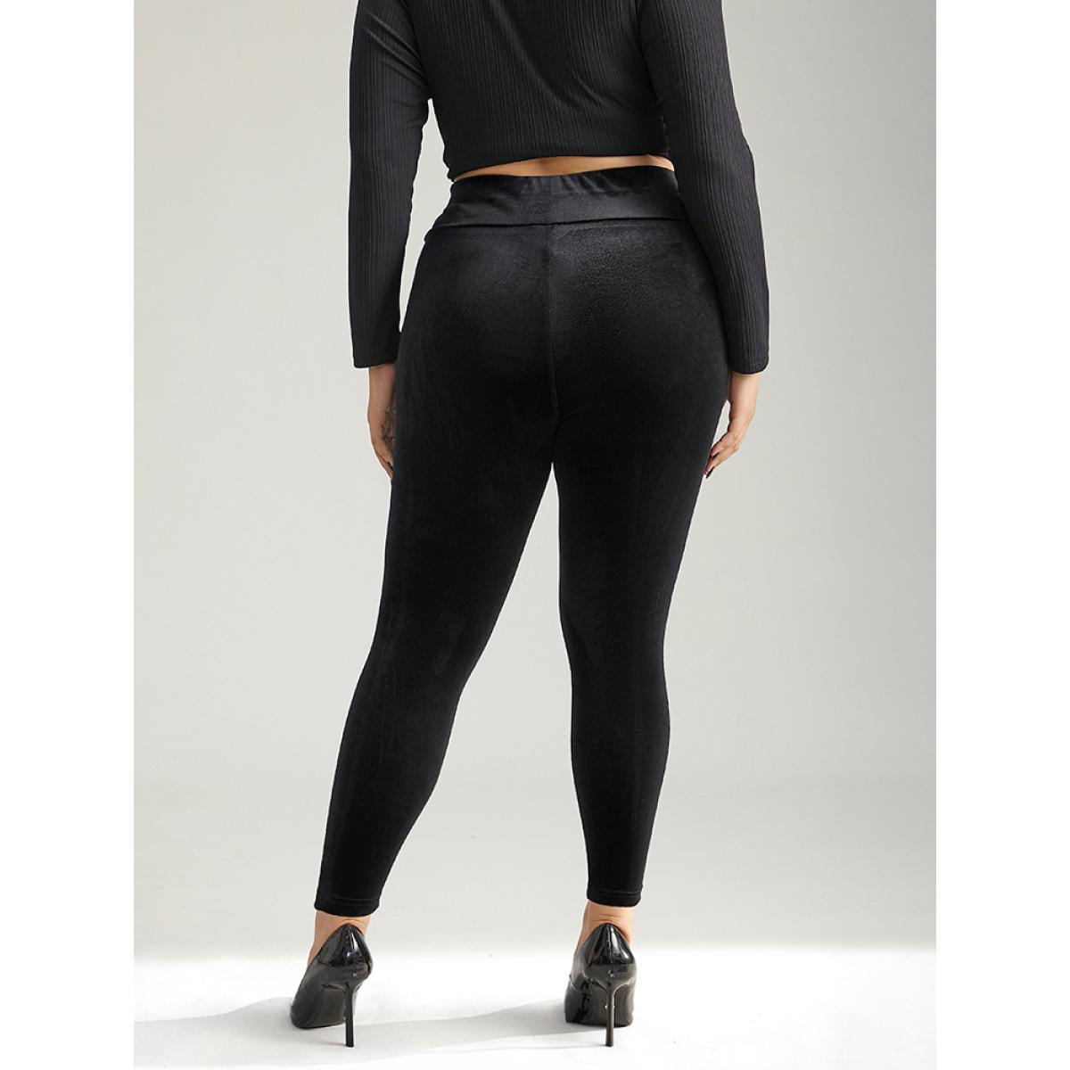 Plus Size Plain Velvet Elastic Waist Skinny Leggings Women Black Glamour High stretch Skinny High Rise Festival-Christmas Leggings BloomChic 12/L Product Image