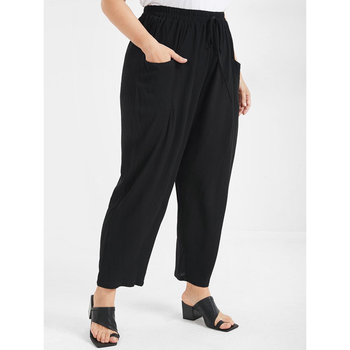 Plus Size Solid Ties Elastic Waist Pocket Pants Women Black Casual Harem High Rise Dailywear Pants BloomChic 10/M Product Image