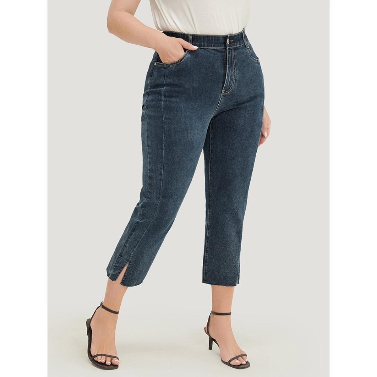 Plus Size Very Stretchy High Rise Dark Wash Split Jeans Women Midnight Casual Plain Slit High stretch Pocket Jeans BloomChic 12/L Product Image