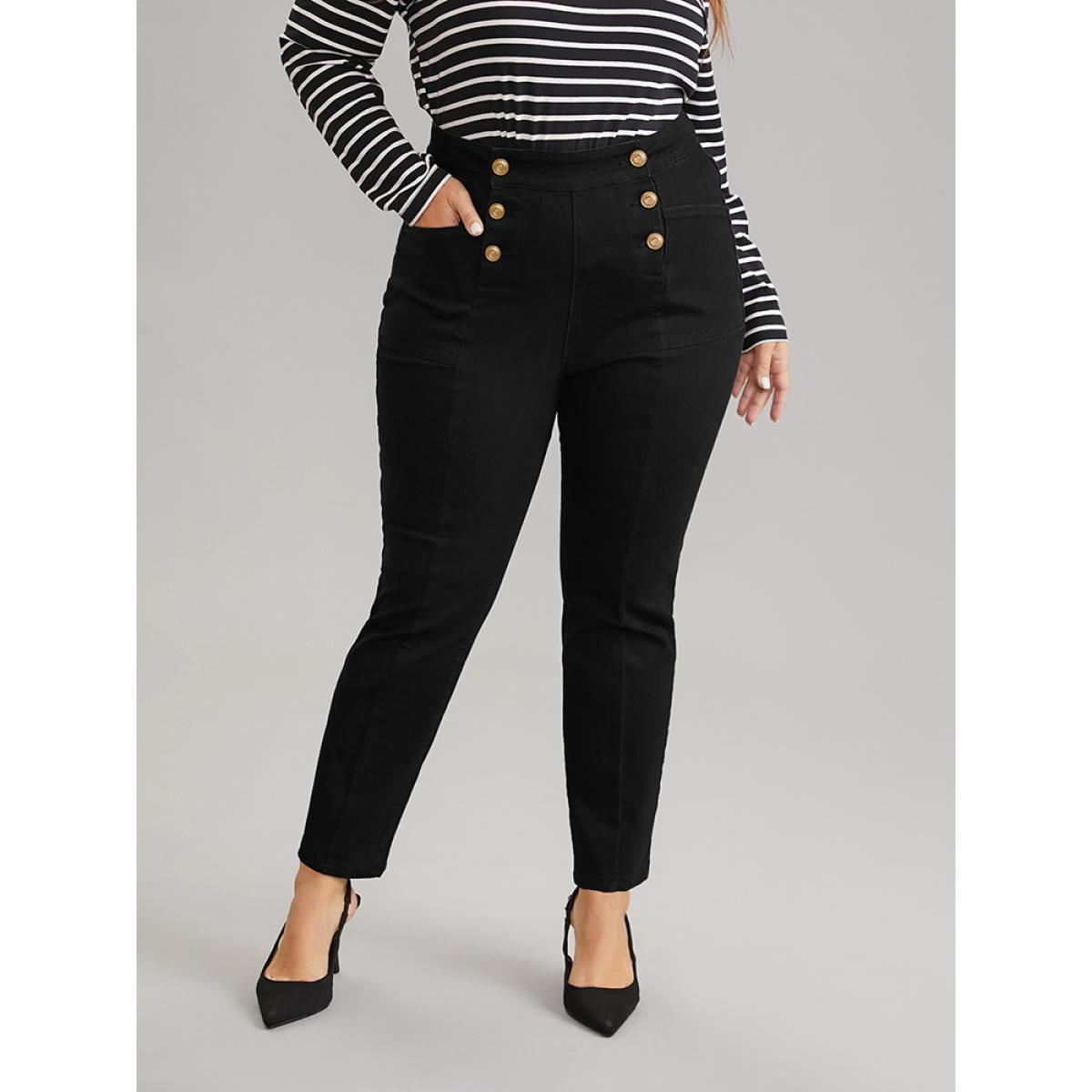 Plus Size High Stretch Skinny Metal Detail Jeans Women Black Casual Plain Plain High stretch Pocket Jeans BloomChic 12/L Product Image