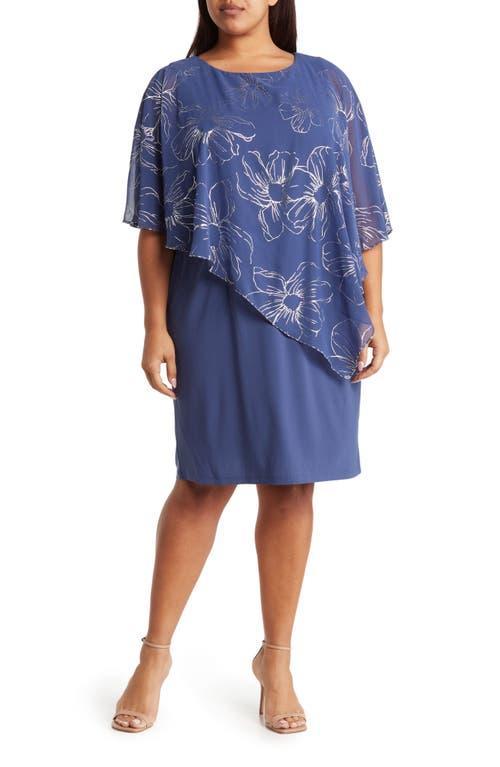 Ignite Evenings Plus Size Asymmetric Chiffon Floral Print Overlay Beaded Trim Sheath Dress Product Image