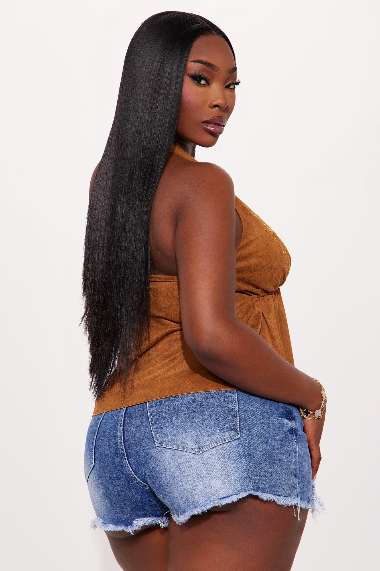 Boho Montage Faux Suede Halter Top - Camel Product Image