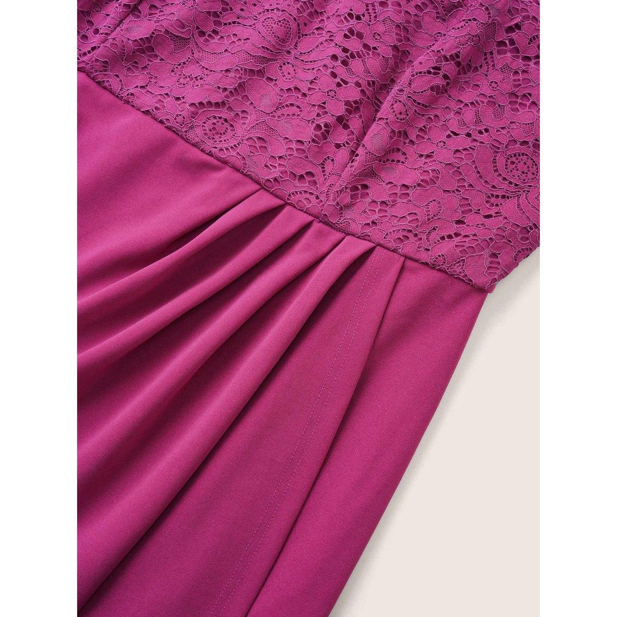 Plus Size Lace Insert Plicated Detail Zipper Cami Dress RedViolet Women Elegant Adjustable Straps Spaghetti Strap Sleeveless Curvy Midi Dress BloomChic 26/4X Product Image