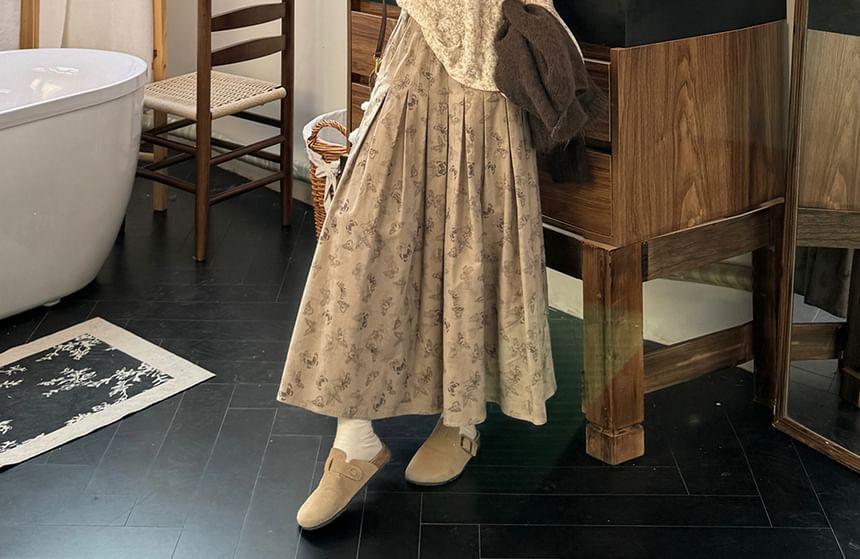 V-Neck Plain Sweater / Long-Sleeve Lace Top / High Waist Print Maxi A-Line Skirt Product Image