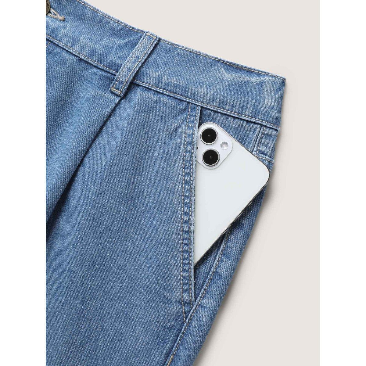 Plus Size Stretchy Back-Waist Cropped Jeans Women Denimlightblue No stretch Slanted pocket Jeans BloomChic 24/3X Product Image