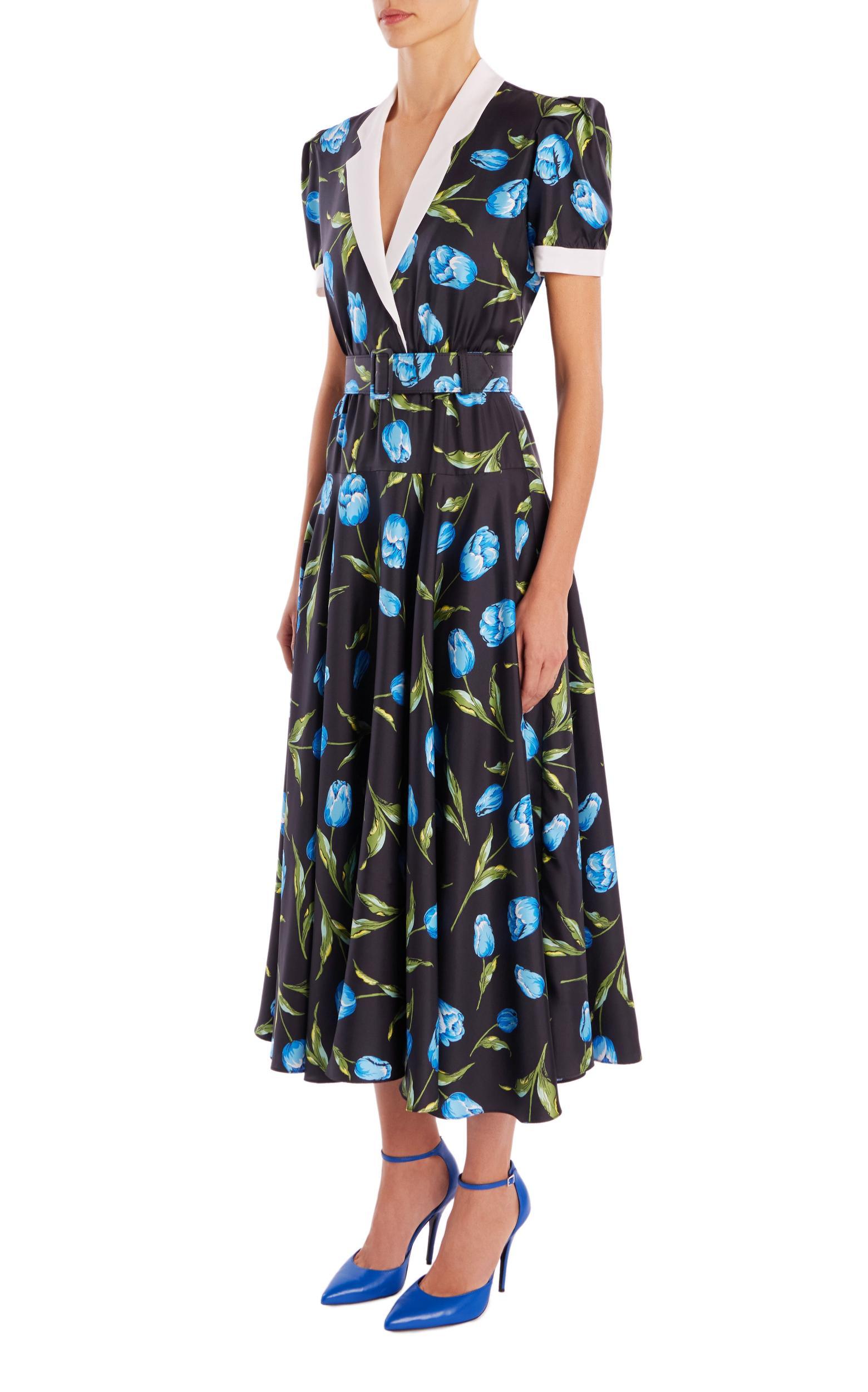Tulip Printed Silk Silk Twill Collared Dress With Belt Product Image