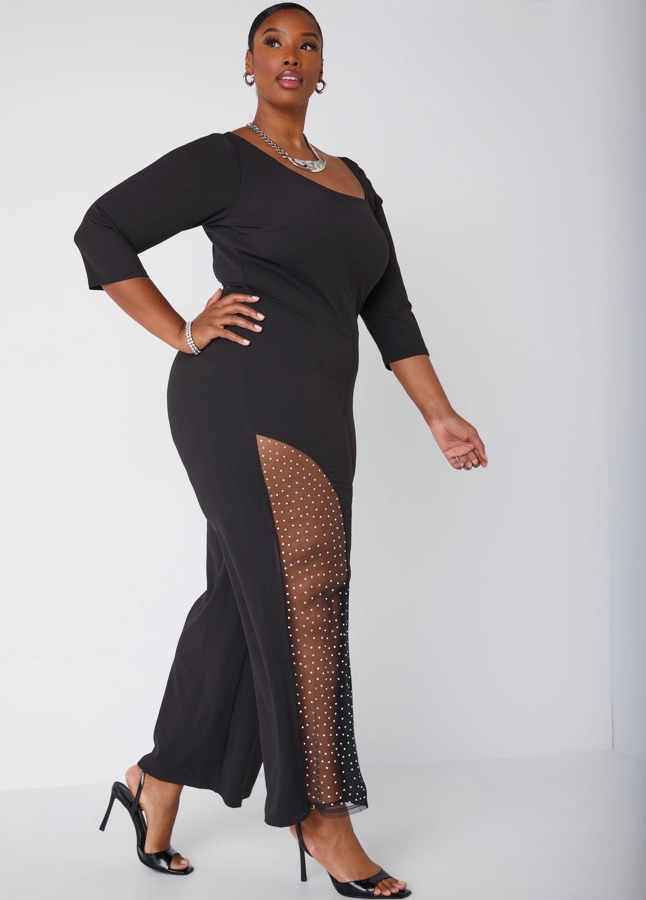 Plus Size Embellished Mesh Paneled Jumpsuit Ashley Stewart Product Image