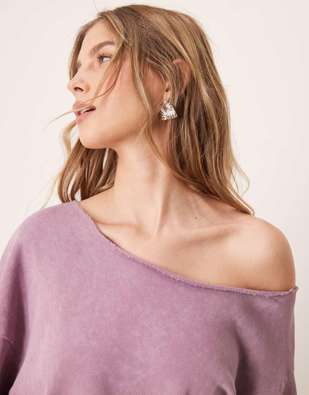ASOS DESIGN off-shoulder sweatshirt in washed purple Product Image
