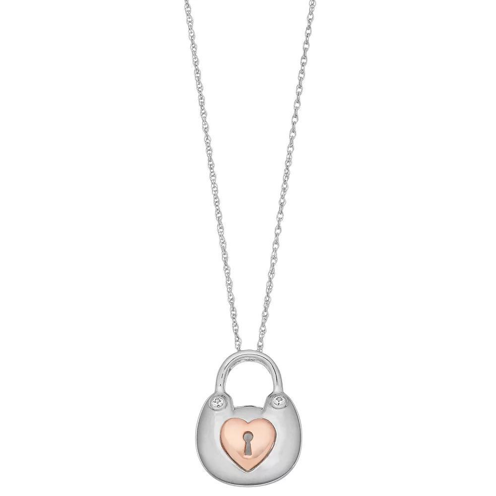 Two Tone Sterling Silver Lab-Created White Sapphire Lock Pendant, Women's, Size: 18" Product Image
