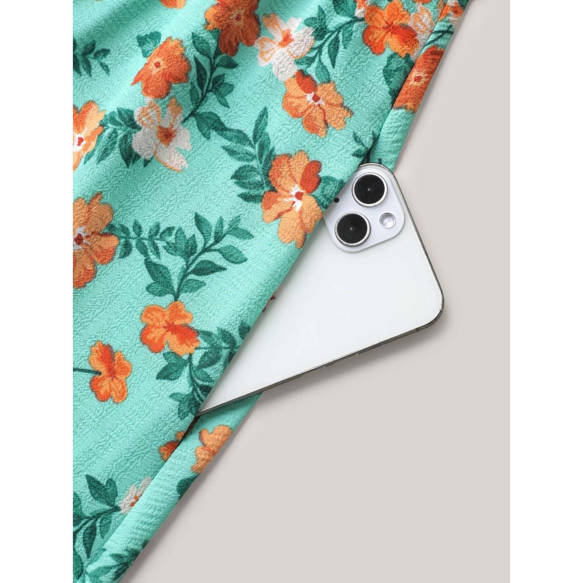 Plus Size Floral Print Ruffled Pockets Midi Dress Turquoise Women Elegant Texture Round Neck Short sleeve Curvy BloomChic 12/L Product Image