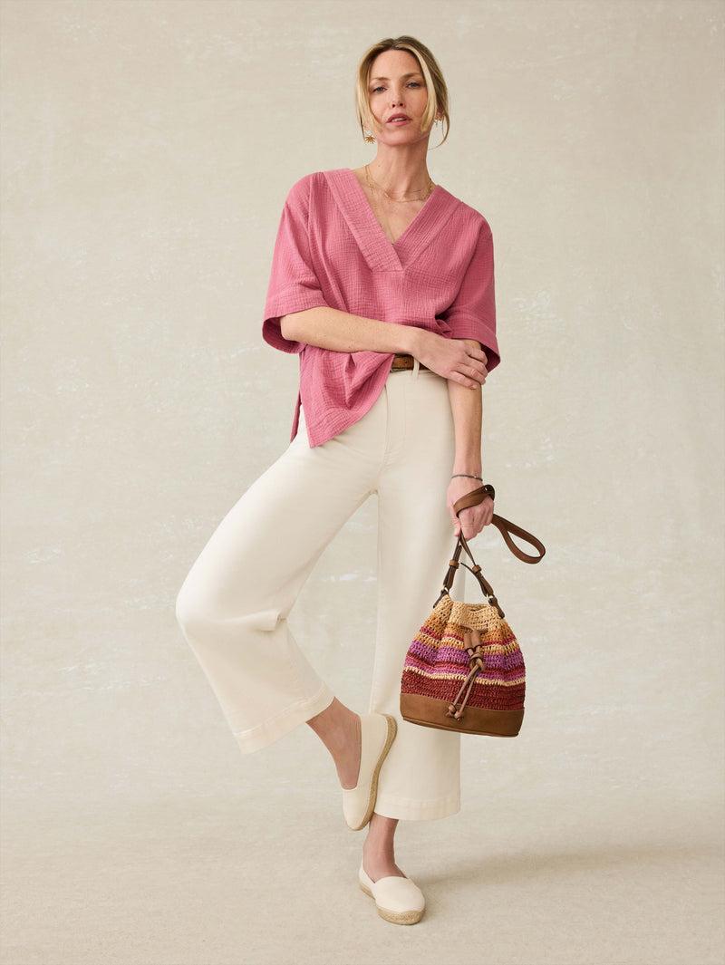 Striped Raffia Drawstring Bucket Bag - Sunrise Stripe Product Image