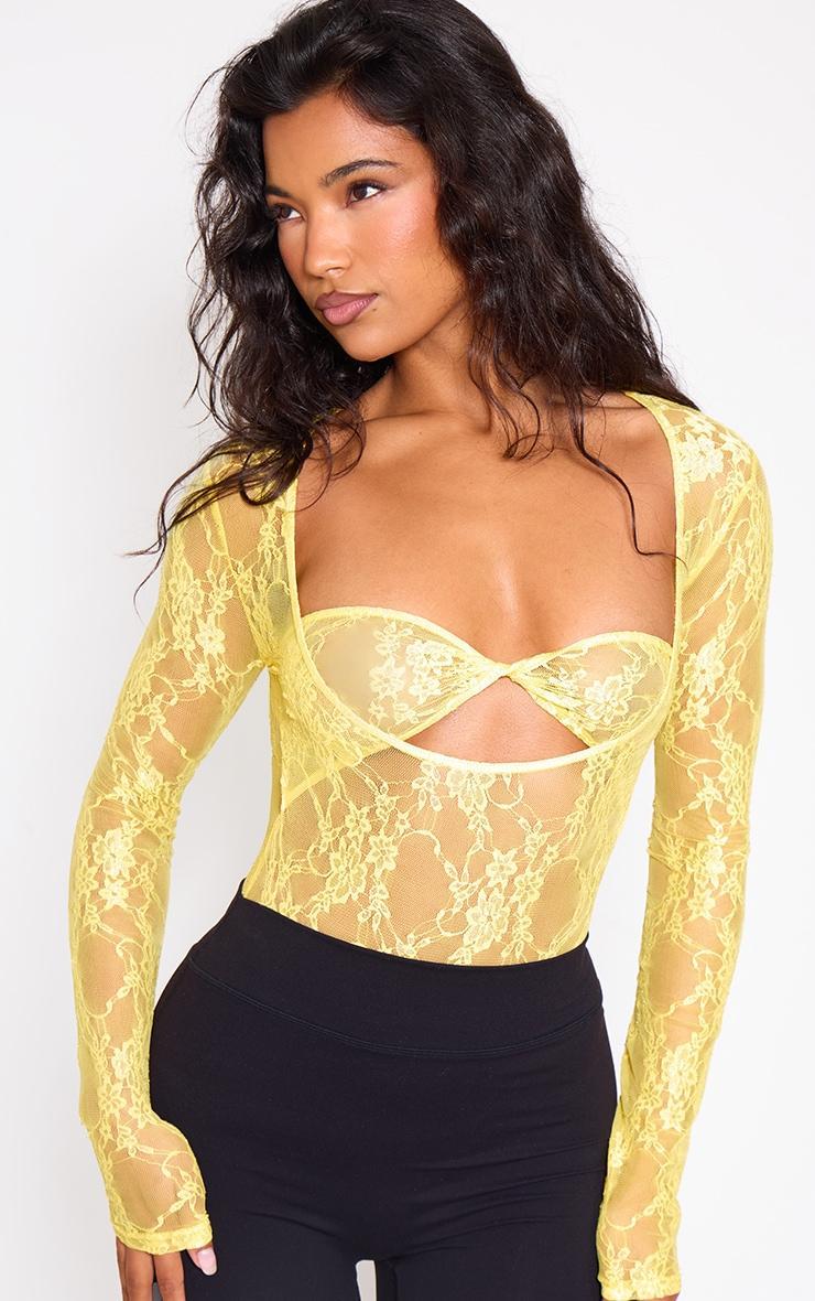 Lemon Lace Bandeau Detail Long Sleeve Bodysuit Product Image